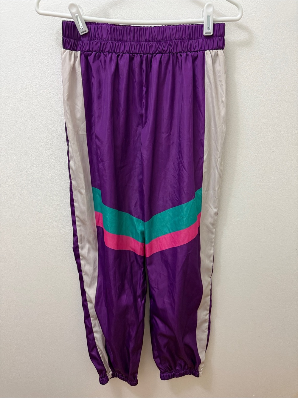 color-block nylon windbreaker track pants 80s night/ Halloween.